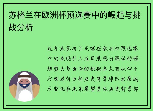 苏格兰在欧洲杯预选赛中的崛起与挑战分析